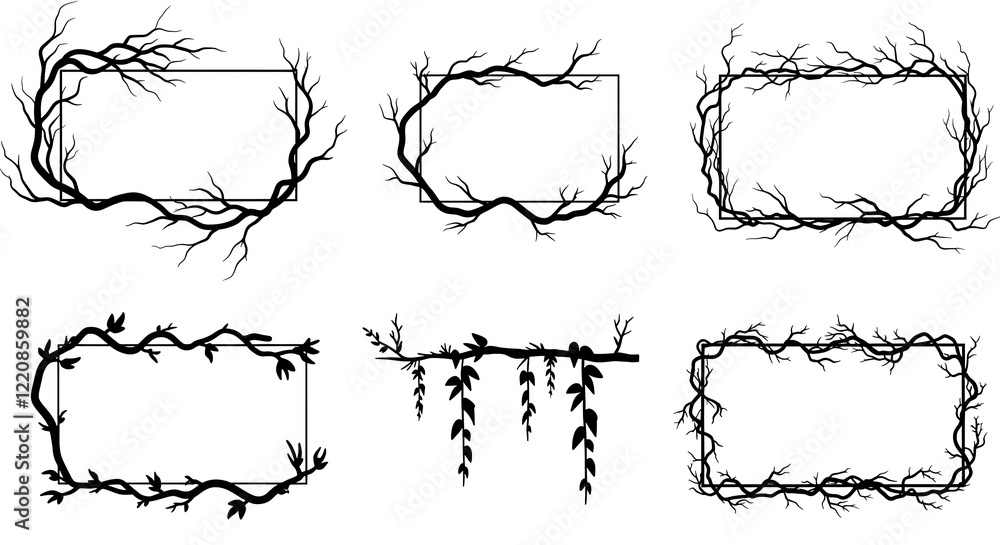 Poster dry branches silhouettes rectangular shape frame set. arid tree part with leaves elegant liana creep