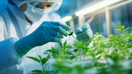 scientist in lab coat examines plants using dropper, showcasing meticulous research in botany and agriculture. environment is bright and sterile, emphasizing scientific precision