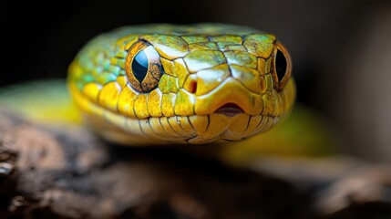 Fototapeta premium This macro image showcases the vibrant color patterns of a snake's face, highlighting its intricate scales and captivating expression that reveal the beauty of nature's designs.