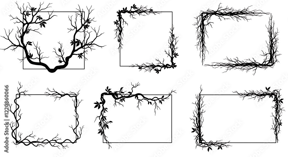 Poster dry branches silhouettes rectangular shape frame set. arid tree part with leaves elegant liana creep