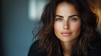 Naklejka premium A portrait of a woman with long brown hair and blue eyes, wearing a black shirt, captured in natural light.