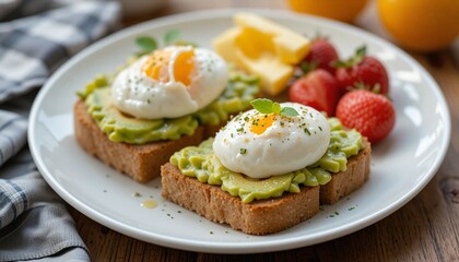 A healthy breakfast spread with avocado toast, poached eggs, and fresh fruit on a white plate. professional ocmposition with copy space for text.