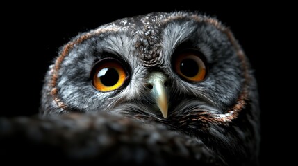 Fototapeta premium This stunning close-up of a grayscale owl captures its captivating gaze and intricate feather patterns, presenting an artistic representation of wisdom and beauty in wildlife.