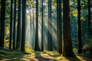 Obraz premium The sun shines beautifully through the trees in the surrounding forest