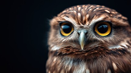 Obraz premium This captivating close-up portrait features a majestic owl with striking yellow eyes, emphasizing its fierce expression and intricate feather details, exuding wisdom.