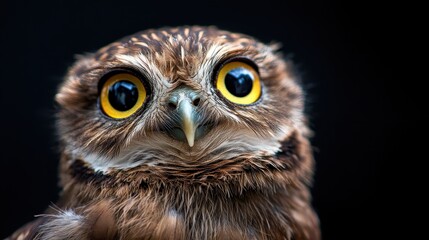 Fototapeta premium An enchanting close-up of a charming owl featuring bright yellow eyes, revealing the intricate patterns of its feathers, embodying wisdom and tranquility in nature's realm.