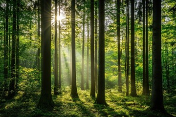 Obraz premium The sun shines beautifully through the trees in the surrounding forest