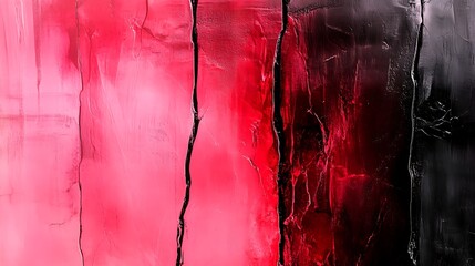 A dramatic abstract artwork features a striking juxtaposition of deep crimson and black, separated by textured vertical cracks, creating a powerful and visually arresting composition that evokes a sen