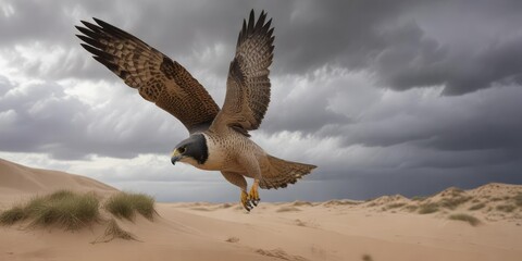 Naklejka premium A peregrine falcon swooping down to grab its prey from the ground amidst a stormy sky with sand dunes in the foreground, prey, predator, hunt