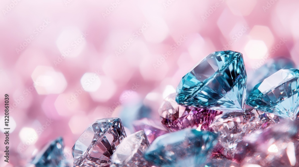 Poster this image features an array of sparkling diamonds and vibrant blue gems laid out on a soft pink bac