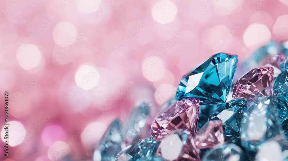 Poster a close-up view of colorful diamonds layered on a gentle pink surface, capturing reflections and cre