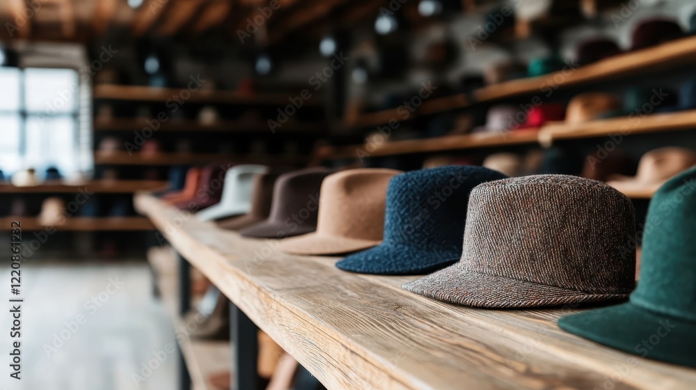 Poster An array of elegant hats arranged meticulously on a wooden table creates a visually appealing and inviting scene perfect for showcasing the fashion items in a retail space.