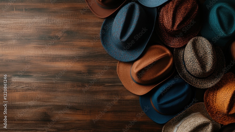 Poster an overhead shot of a colorful collection of hats scattered on a wooden surface creates an artistic 