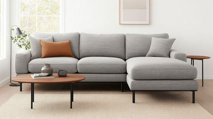 Modern gray sectional sofa with accent pillows in bright living room