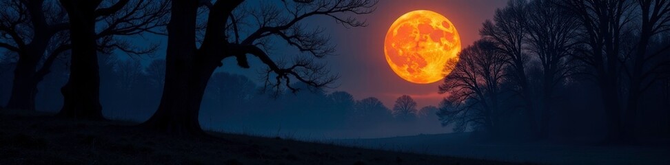 Full moon casting an orange glow over a dense forest of twisted trees, nighttime, twisted trees