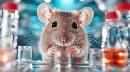 A close-up of a cute laboratory mouse exploring its surroundings, emphasizing the connection between science and biology in a research setting with vials.