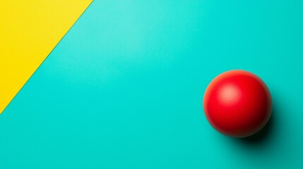 A vibrant red sphere rests on a teal and yellow background, creating a bold and minimalist composition.