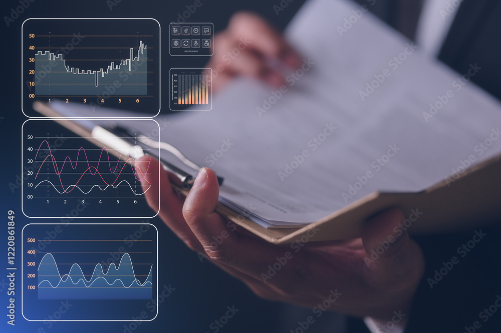 Poster document data system report hr technology data analysis concept businessman manager holding clipboar
