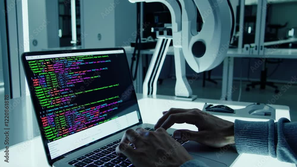 Poster coding session in a modern tech workspace at night with vibrant screen colors