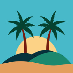 Two palm trees on either side and a hill in the middle