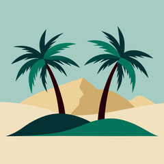 Two palm trees on either side and a hill in the middle