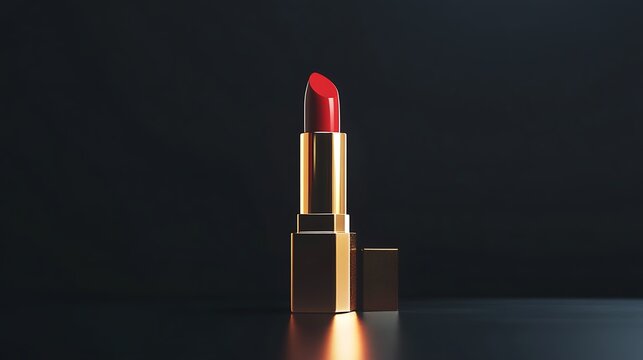 Red lipstick, gold tube, beauty, glamour, dark background