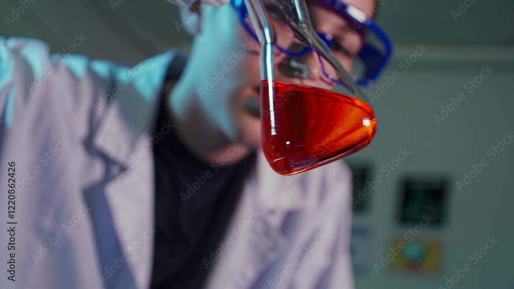 Poster scientist conducting experiments with colorful liquids in a laboratory setting at night
