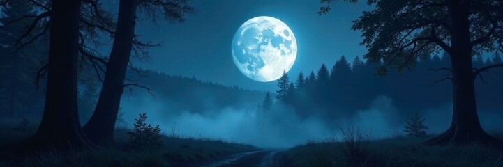 Full moon casting eerie light on a dark forest scene, full moon, misty