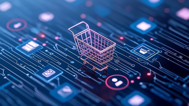 E-commerce shopping cart icon digital landscape infographic technology environment abstract viewpoint online retail concept