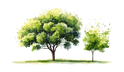 Watercolor vector illustration of green tree, forest side view isolated on white, landscape and garden elements, shrub for environment, architecture design section