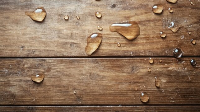 This image captures the essence of water droplets resting on a textured brown wooden surface, showcasing the interplay of light, texture, and nature's beauty. - Powered by Adobe