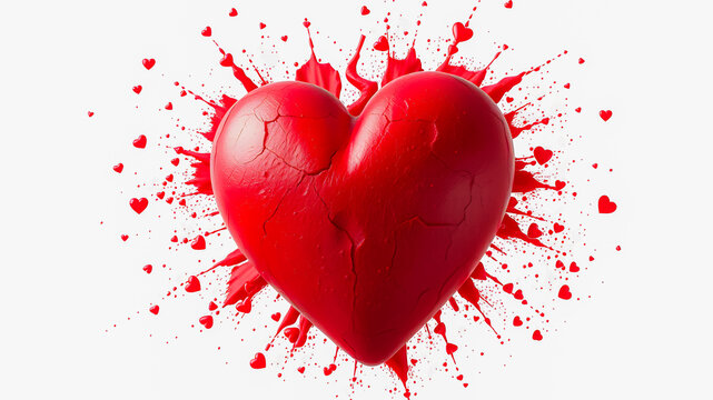 Red hearts pattern on white background with big red heart exploding with romantic red splashes. Happy Valentines day. Beautiful mini heart style. 3D rendering. Love romance anniversary February design