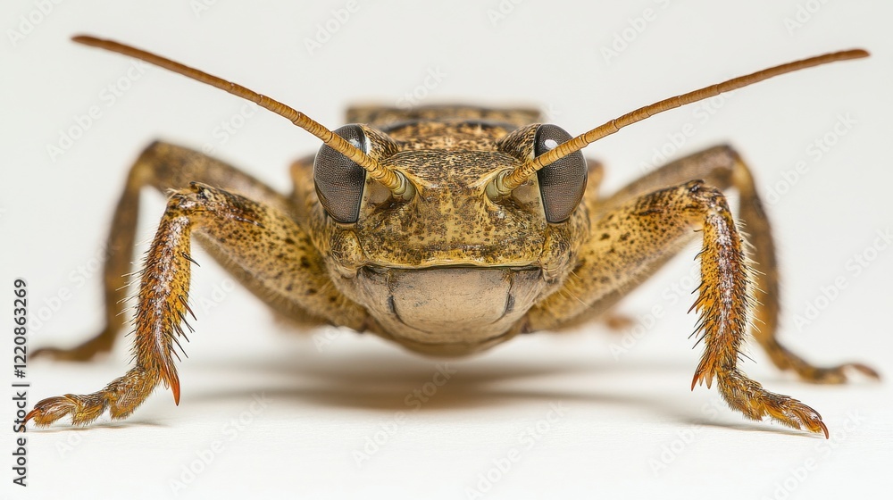 Poster close-up of a grasshopper showcasing intricate details and textures against a plain background