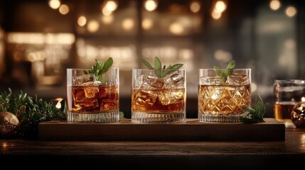 An artistic display of various whiskey cocktails, garnished with mint and ice, encapsulating the joy of mixology in a sophisticated bar atmosphere.