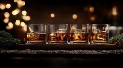 An exquisite arrangement of whiskey glasses featuring ice, beautifully presented on a rustic tray, radiating warmth and sophistication in a cozy space.