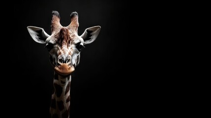 Naklejka premium A captivating image of a giraffe staring directly at the viewer, showcasing its intricate facial patterns and a mesmerizing gaze against a dark background.