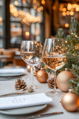 Elegant table setting with wine glasses, festive decorations, and warm lights. Perfect for holiday celebration or special occasion
