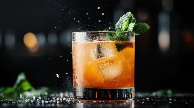 A beautifully crafted cocktail sits on a bar top, garnished with fresh mint, showcasing a vibrant amber hue, perfect for a refreshing evening drink experience.
