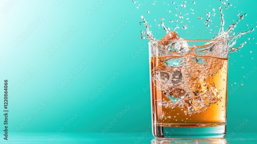 Aufkleber a thrilling image captures the dynamic splash of a beverage in a glass filled with ice cubes, repres