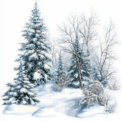 Fototapeta premium Snowy Winter Scene with Frosted Pines and Bare Trees in a Tranquil Landscape