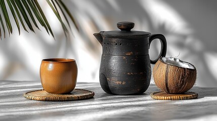 Fototapeta premium Rustic tea set with coconut and palm shadows in sunlit minimalist setting