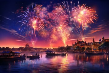 Vibrant fireworks light up the night sky over a cityscape at sunset, with illuminated boats navigating the tranquil waters below