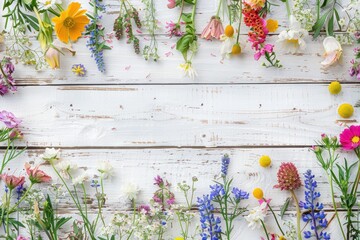 garden stem flower and leaf template wood plank white wall copy space for text