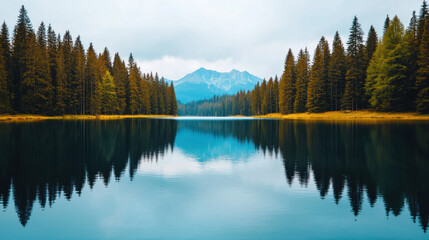 Fototapeta premium Lush forest landscape with serene lake and majestic mountains in view