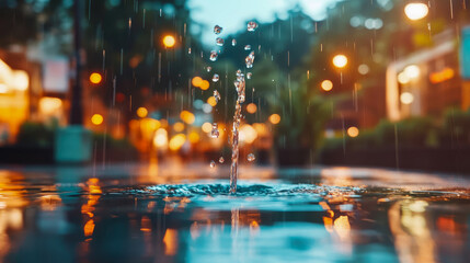 Night Rain: Water Droplets Falling on City Street Reflection