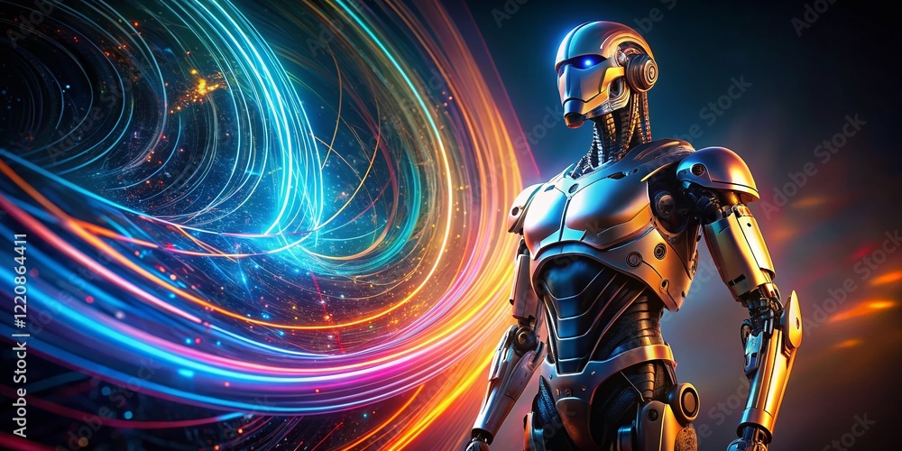 Poster advanced robotic sentinel guarding digital data stream - futuristic ai security concept