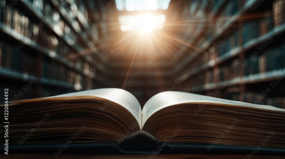 Poster a beautifully illuminated open book rests on a table in a library, with golden sunlight streaming in