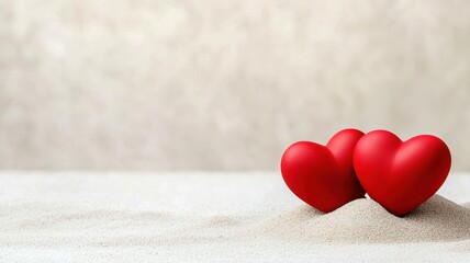 Three red hearts sit on a sandy surface, symbolizing love and affection against a soft, neutral background.