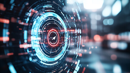 Abstract Digital Interface With Glowing Concentric Circles And Central Icon