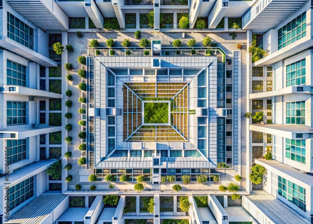 Poster aerial drone shot: geometric grid pattern on white background - abstract architecture design